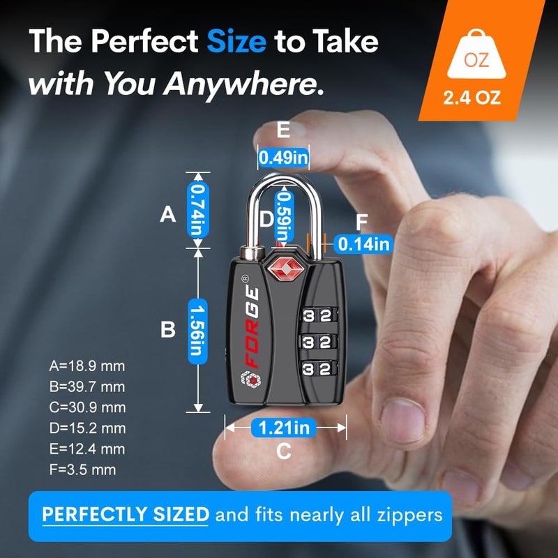 Forge TSA Approved Luggage Locks for School, Gym, Suitcase, Baggage, and Locker. Open Alert Indicator, Easy Read Dials, Alloy Body. Matte Black, 2-Pack. - Image 4